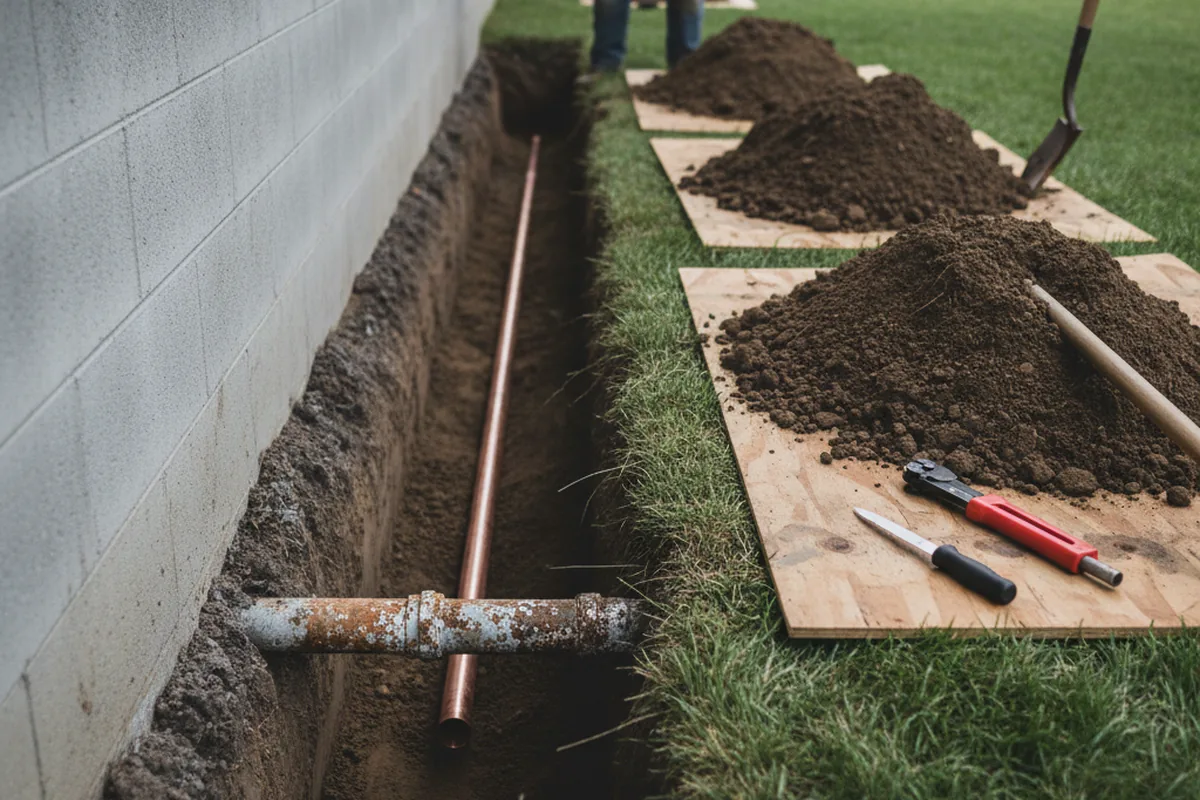 Excavated water line trench during Sewer Line Repair in Carroll